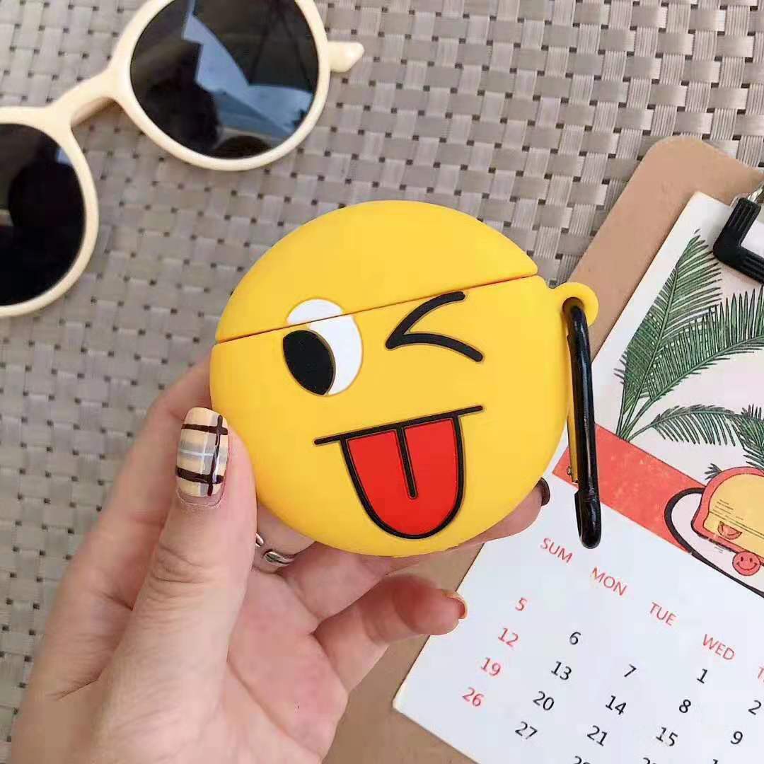 Cute Design Cartoon Silicone Cover Skin for Airpod (1 / 2) Charging Case (Emoji Winking Face)